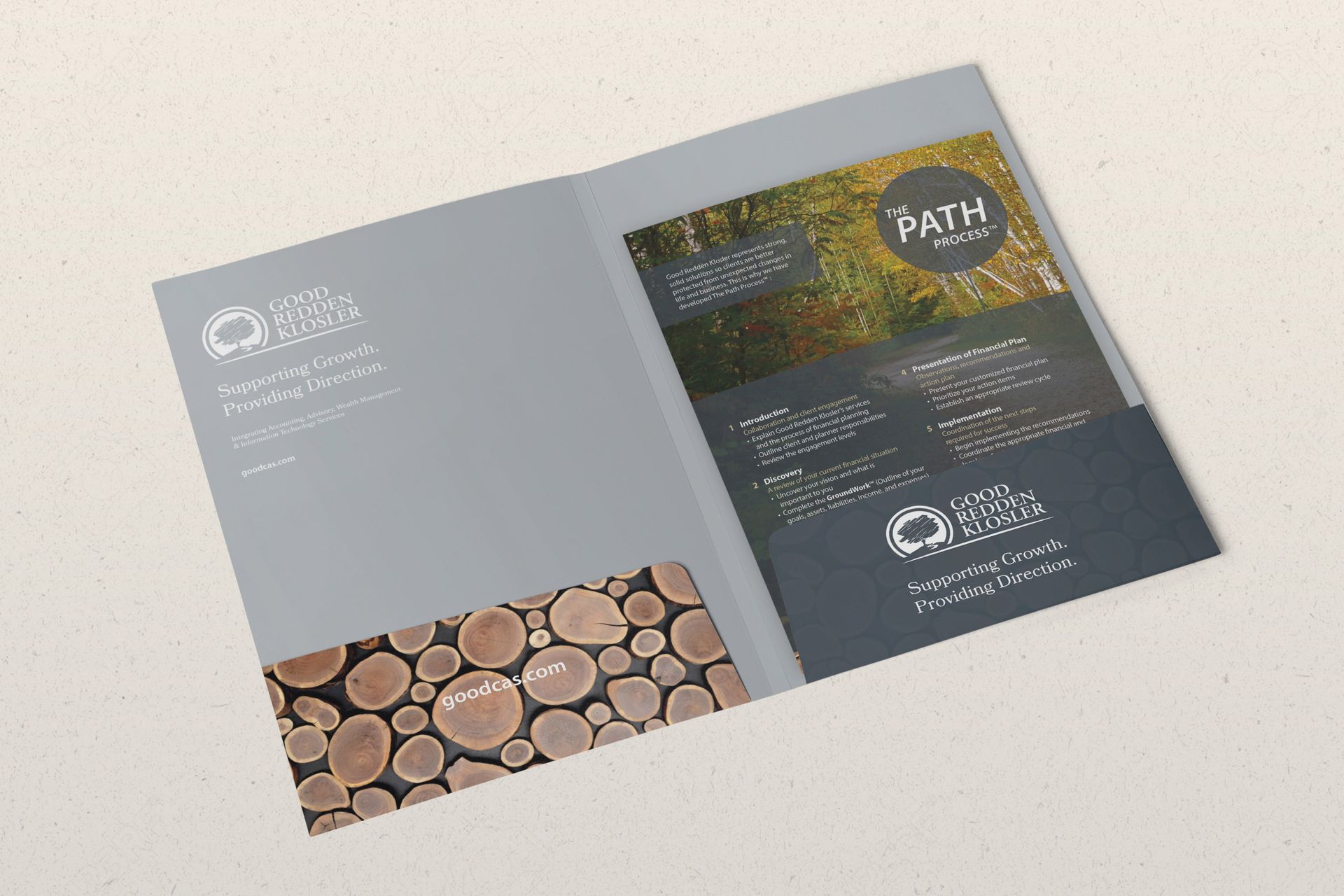 Presentation folder design for financial advisor business.