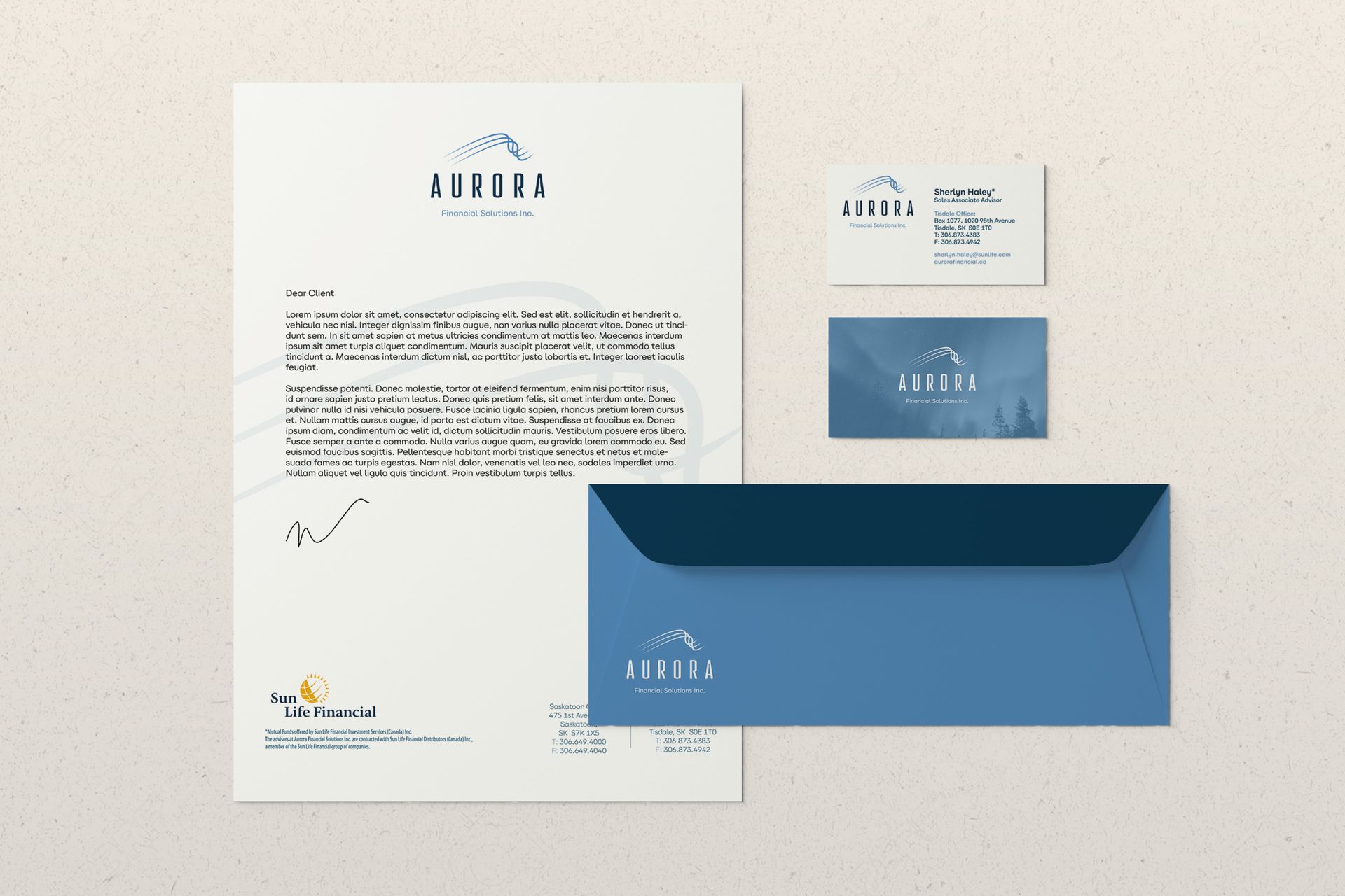 Business card and stationery design for financial advisor business.