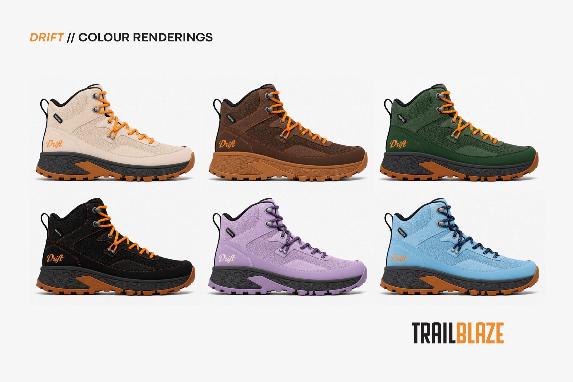 Drift footwear, boot design, product design, colour renderings