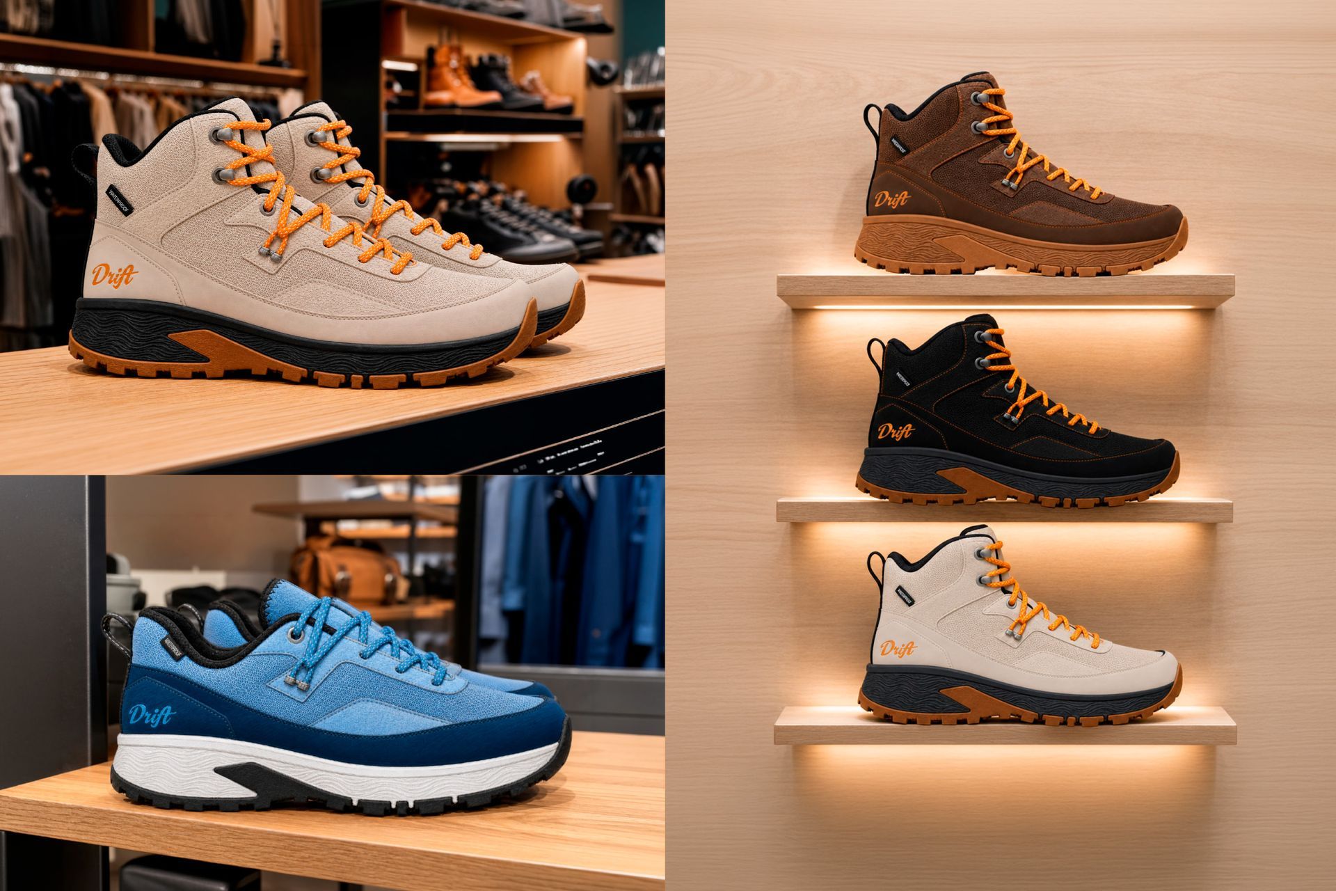 Drift footwear, boot design, product design, product photography and AI rendering