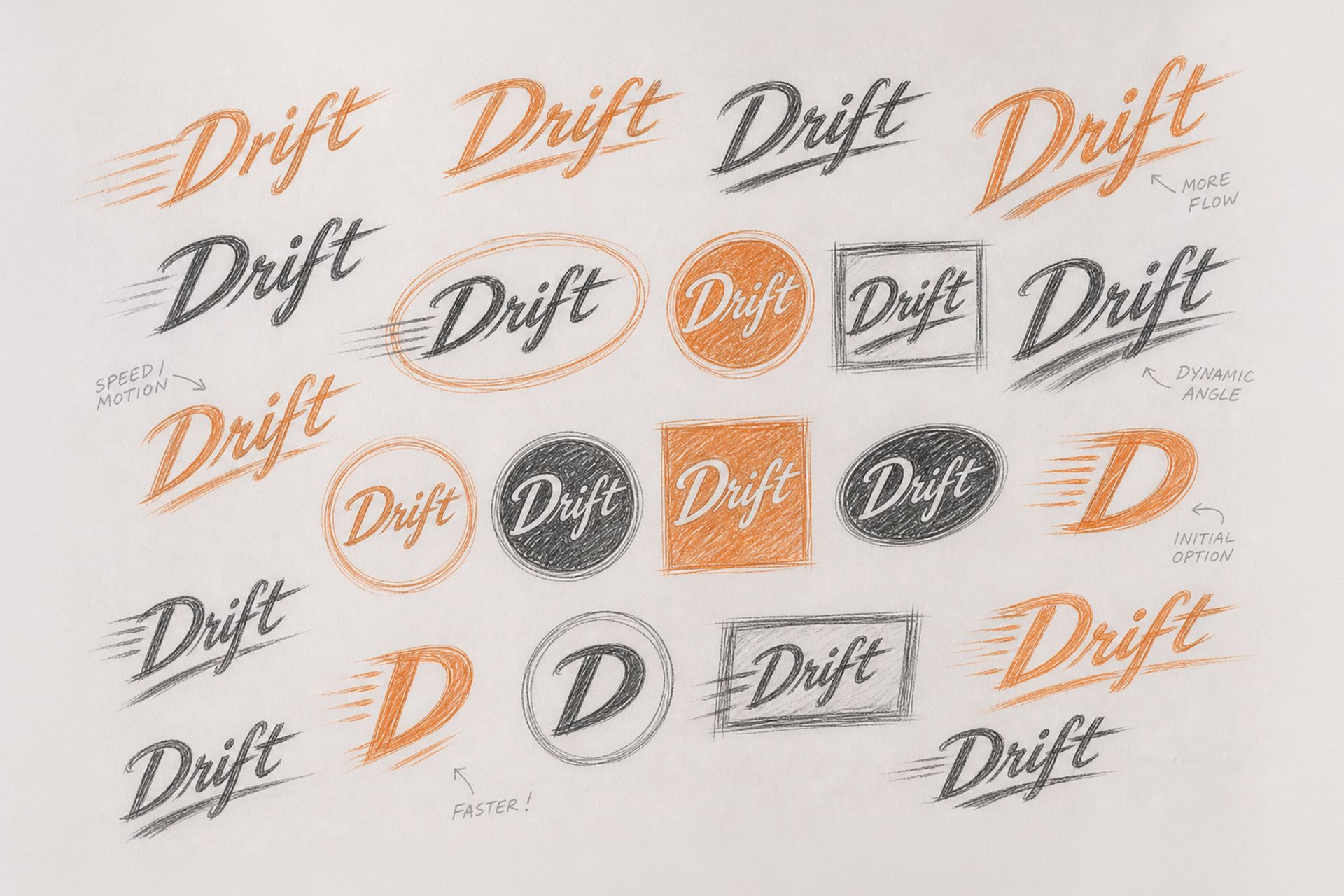 Drift footwear branding, creative exploration sketches