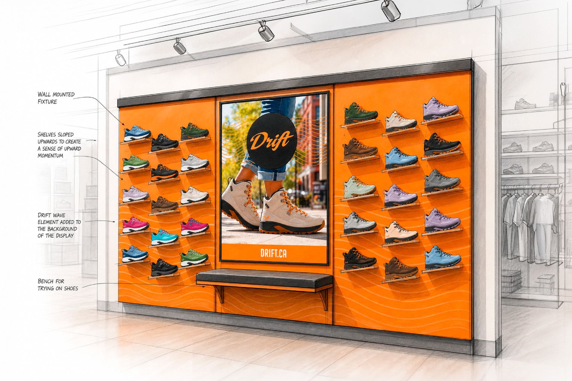 Drift footwear shoe and boot, in-store display design