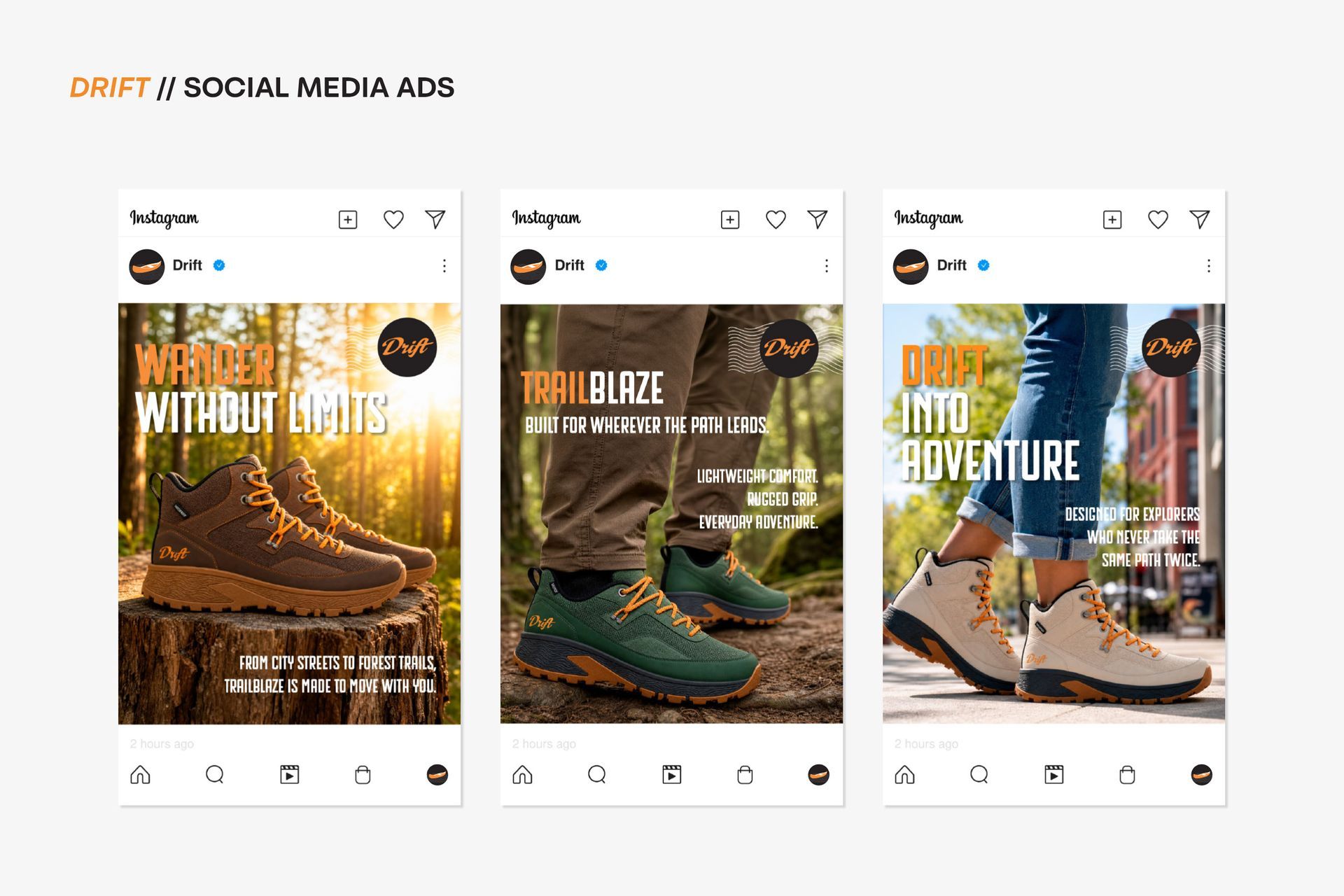 Drift footwear, boot design, product design, social media ads