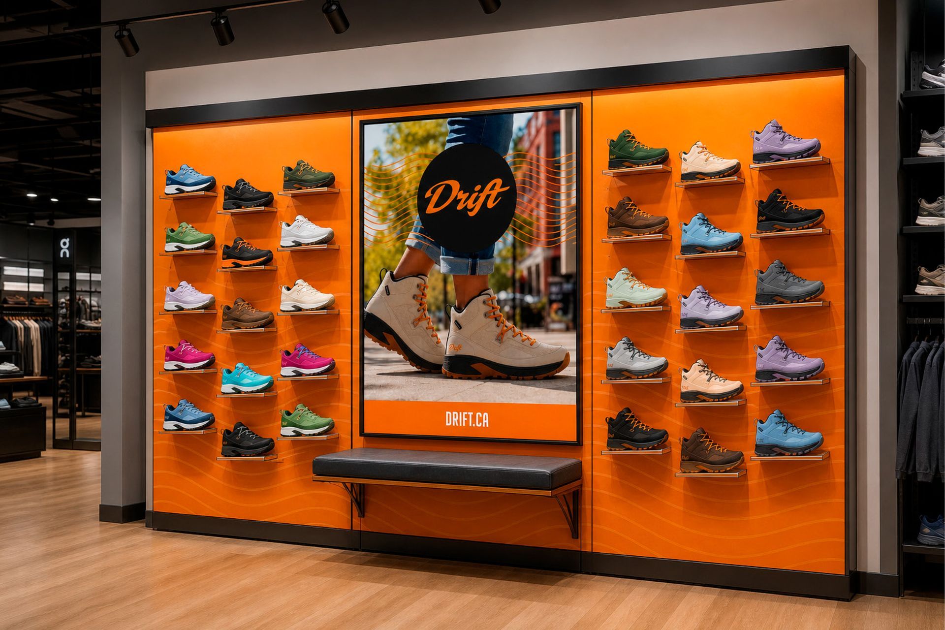 Drift footwear shoe and boot, in-store display design