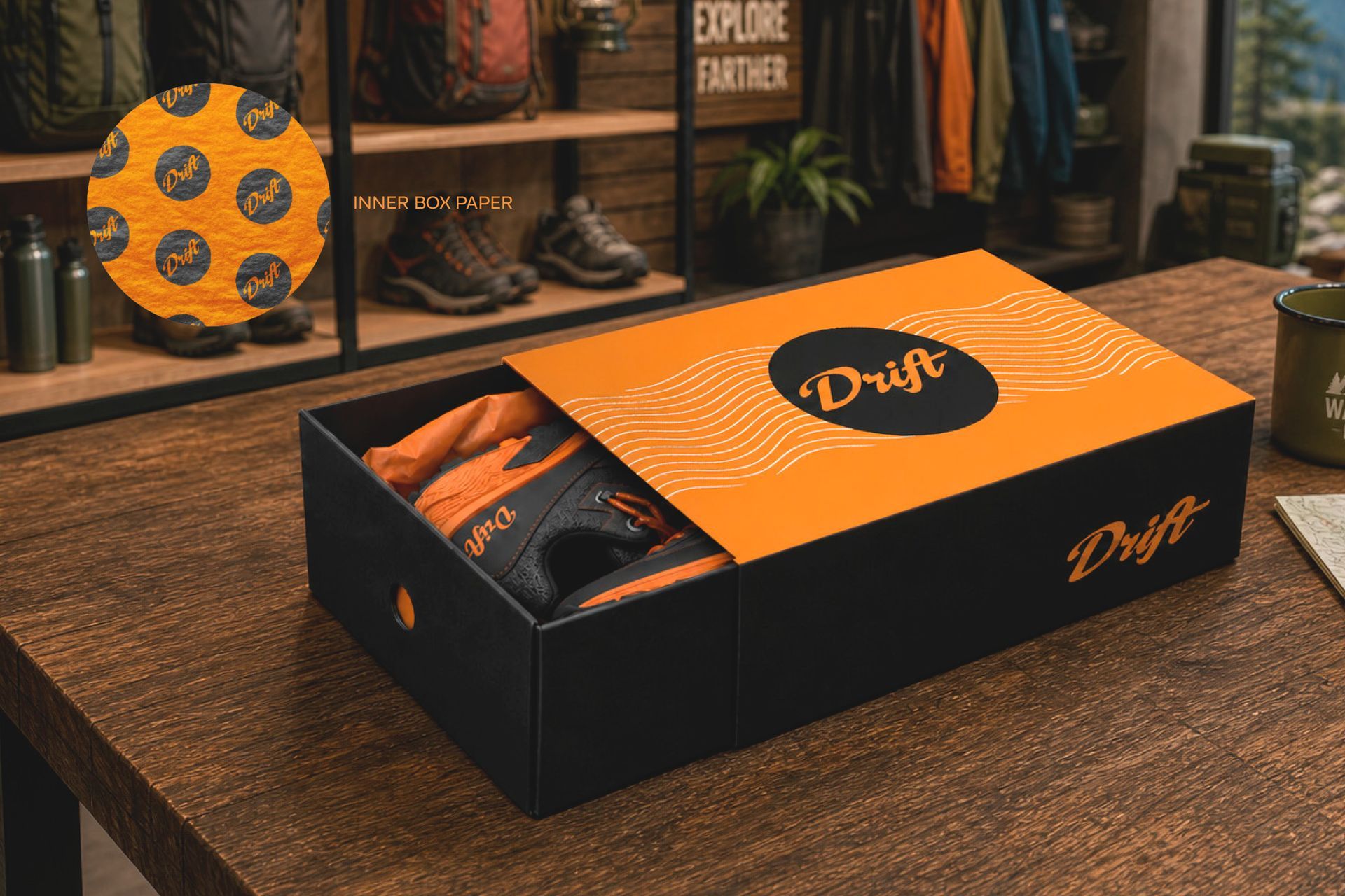 Drift footwear shoe and boot, box design