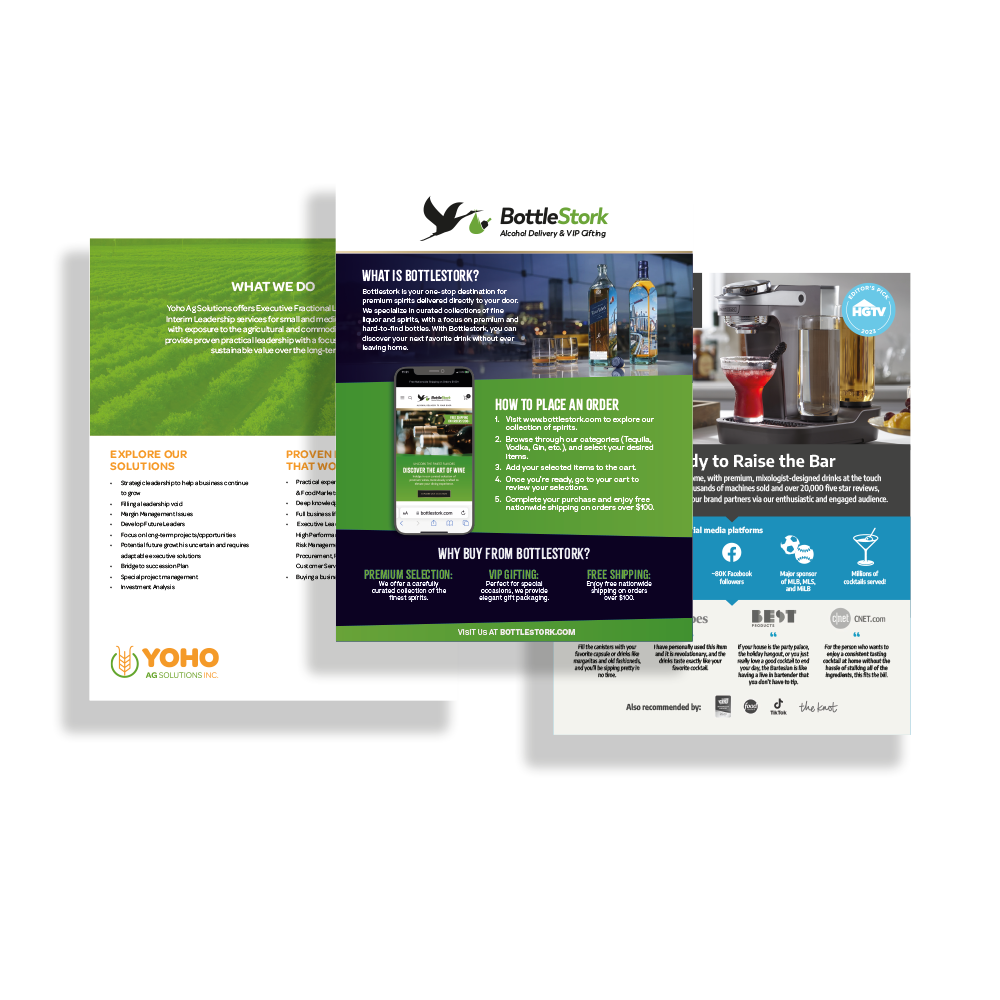 Print design samples - product information sheets
