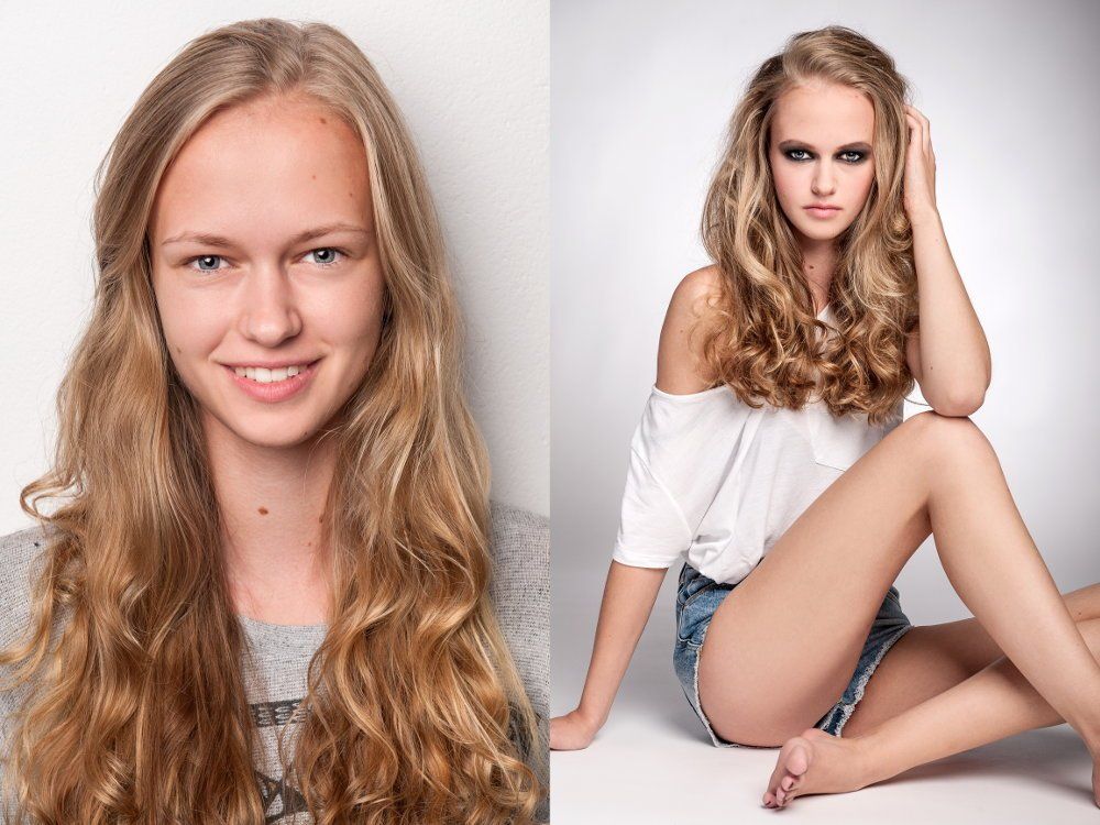 Blonde Frau vor und nach dem Schminken auf weißem Hintergrund. Links: lächelnd in grauem Shirt.