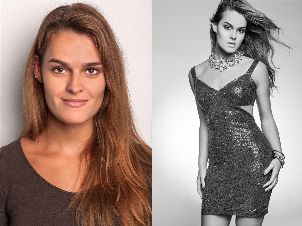 Ein Vorher-Nachher-Foto einer Frau in einem Kleid