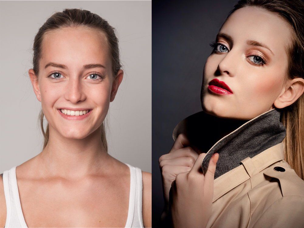 Ein Vorher-Nachher-Foto einer Frau mit und ohne Make-up