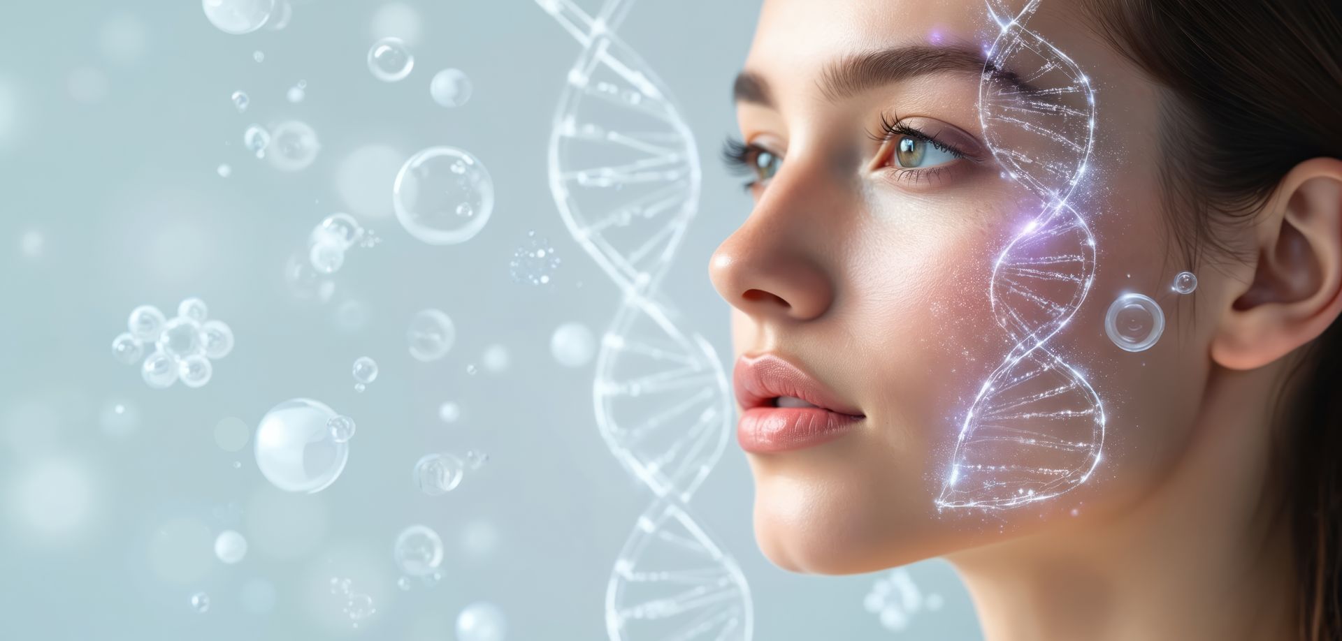 Frau mit leuchtendem DNA-Strang im Gesicht, vor blauem Hintergrund.