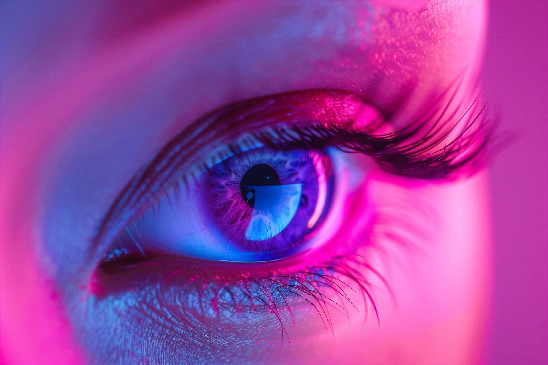 Eine Nahaufnahme des Auges einer Frau in violettem und blauem Licht.