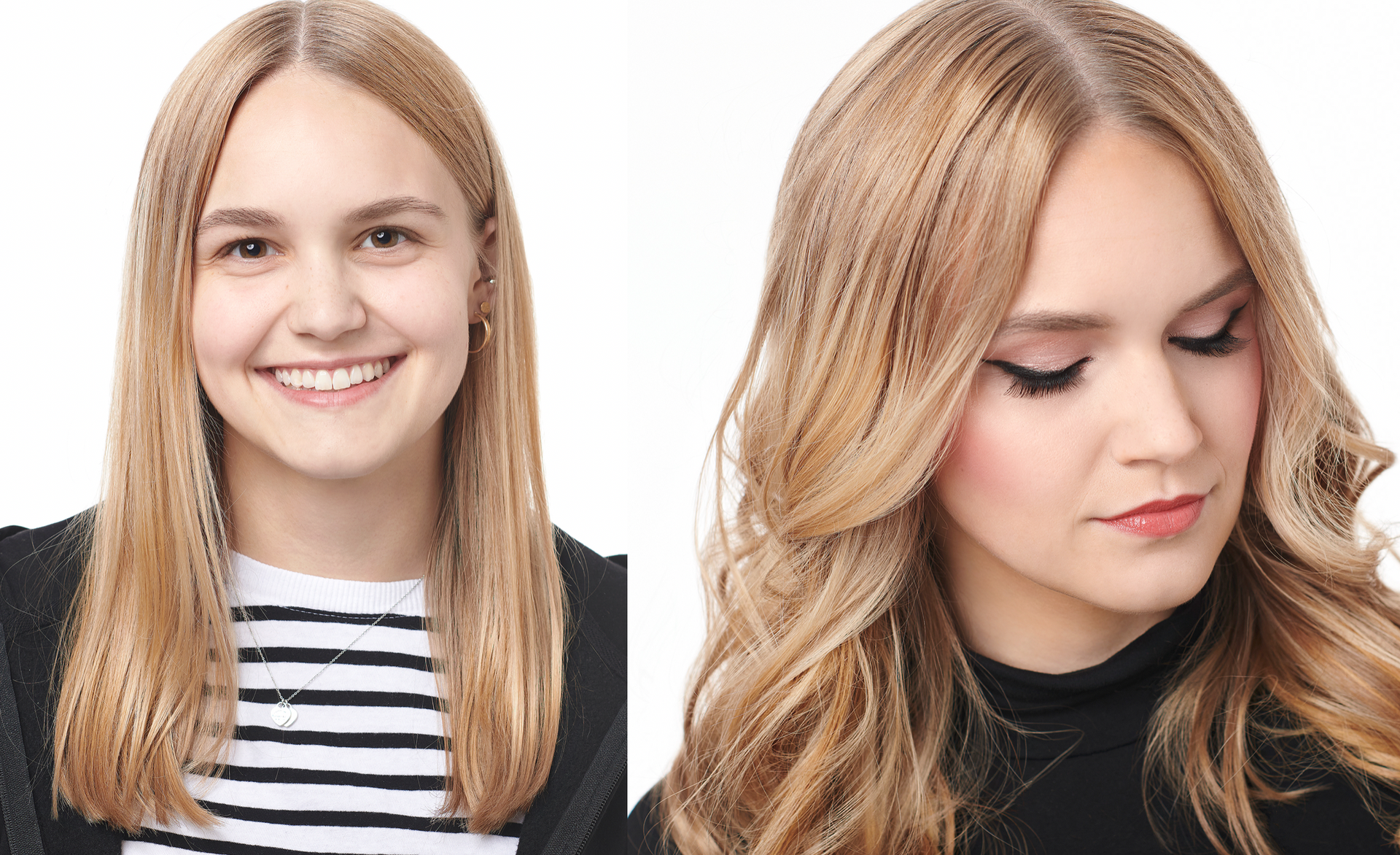 Ein Vorher-Nachher-Foto einer Frau mit langen blonden Haaren.