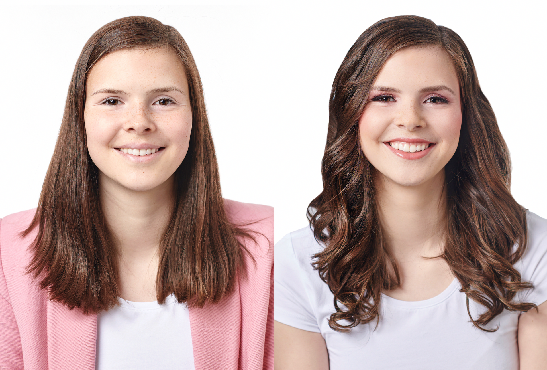 Ein Vorher-Nachher-Bild eines Mädchens mit langen Haaren.