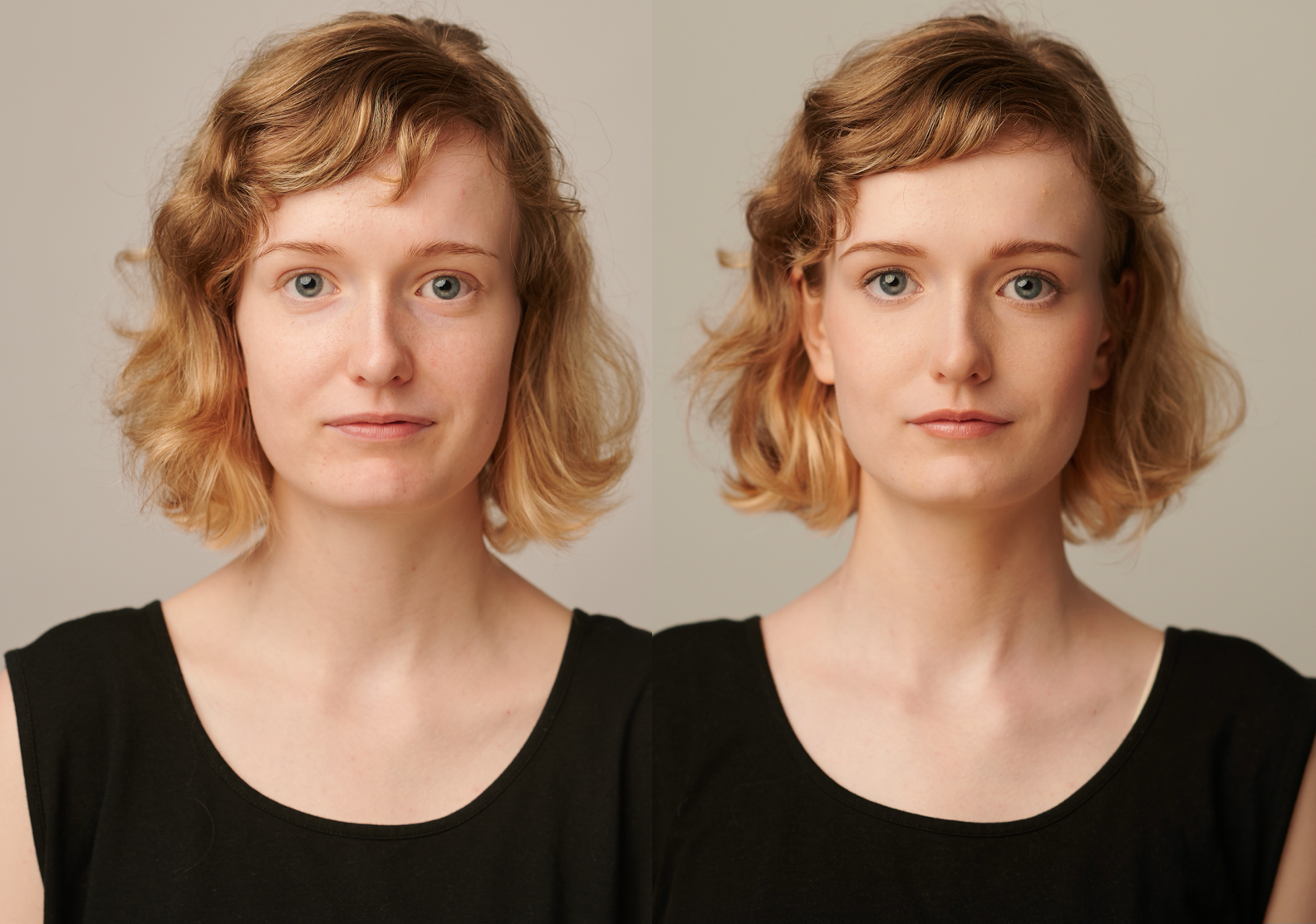Ein Vorher-Nachher-Foto einer Frau mit und ohne Make-up.