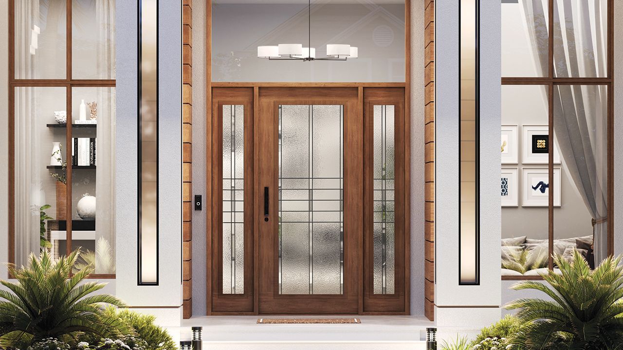 Wooden front door with frosted glass panels, flanked by windows. Exterior with plants.