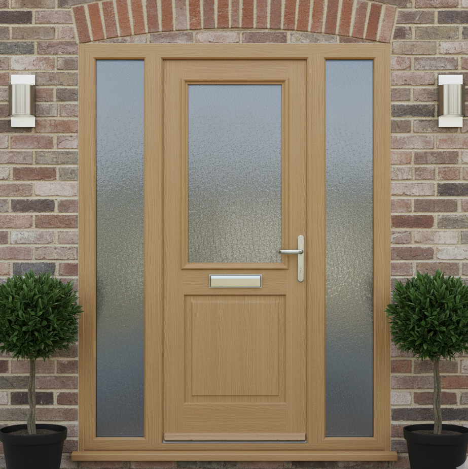 Wooden front door with frosted glass and sidelights, flanked by topiary, set against a brick wall.