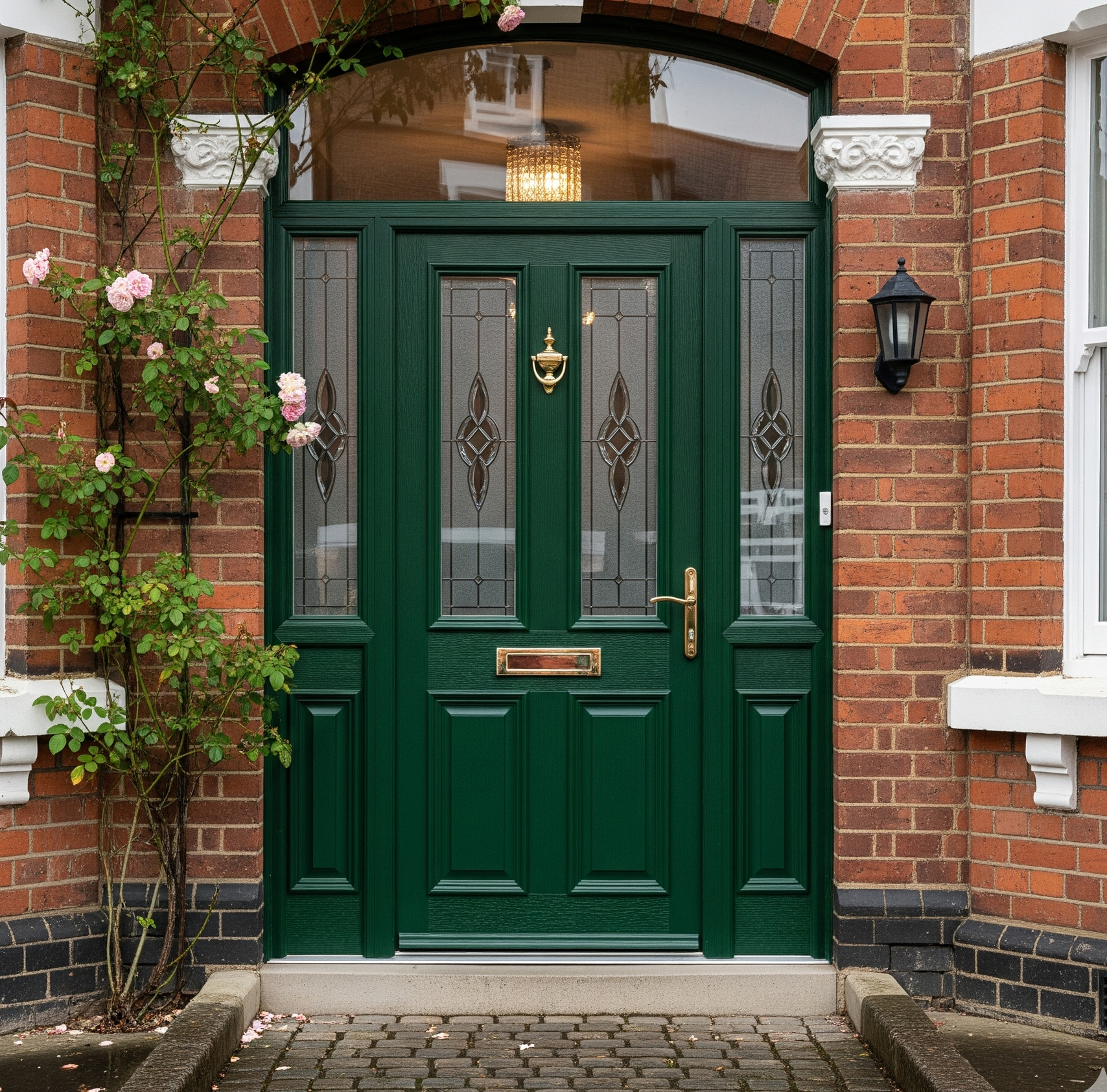 Green front door with glass panels, set in a brick building entrance, a rose bush next to it.