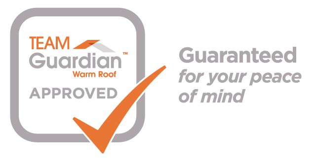 Team Guardian Warm Roof Approved logo with orange checkmark, guaranteeing peace of mind.