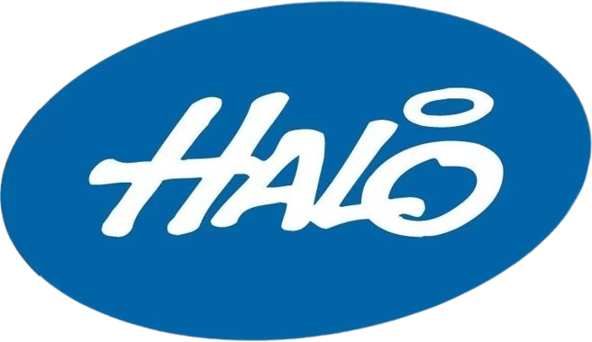 "HALO" white text within blue oval.