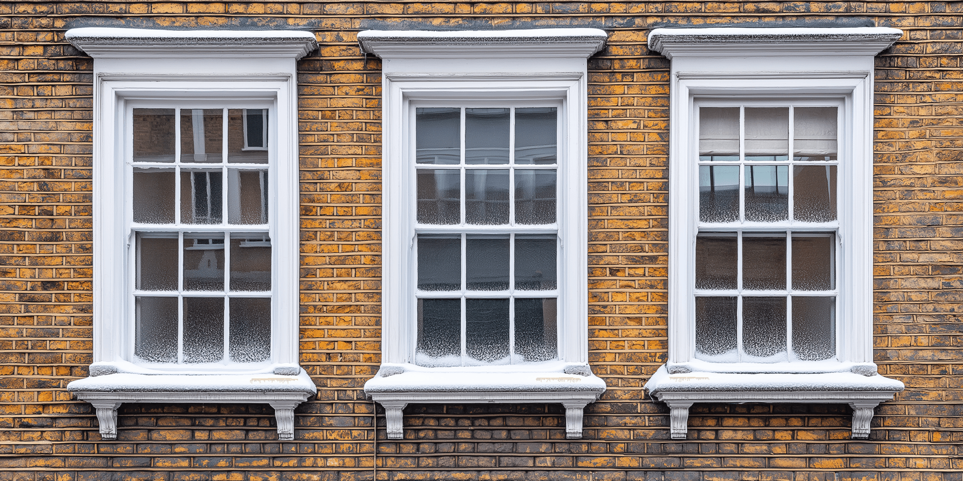 Three white framed windows on a yellow brick wall. Each window has multiple panes and ornate detailing.