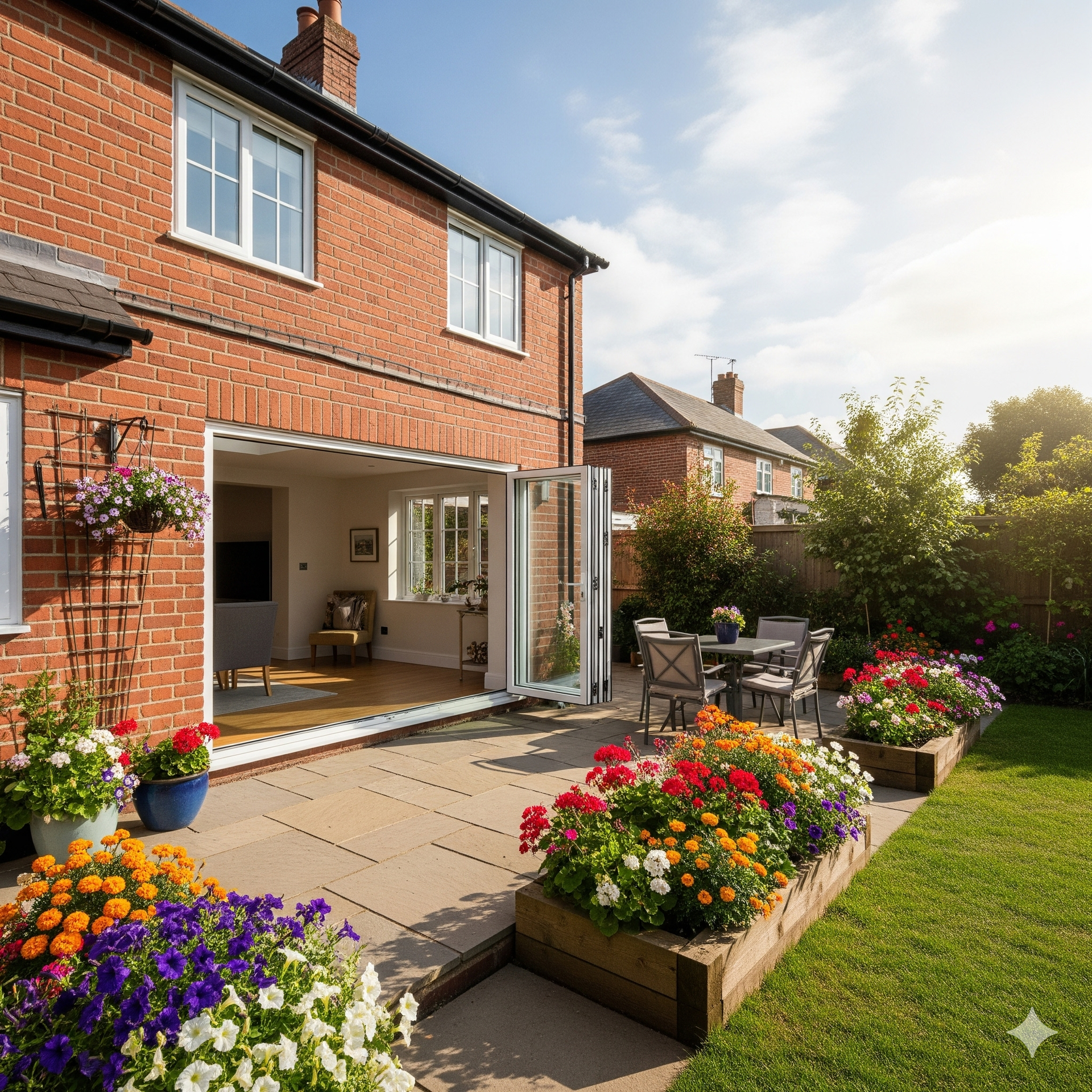 Red brick house with open doors to a patio with a dining set and colorful flowerbeds on a sunny day.