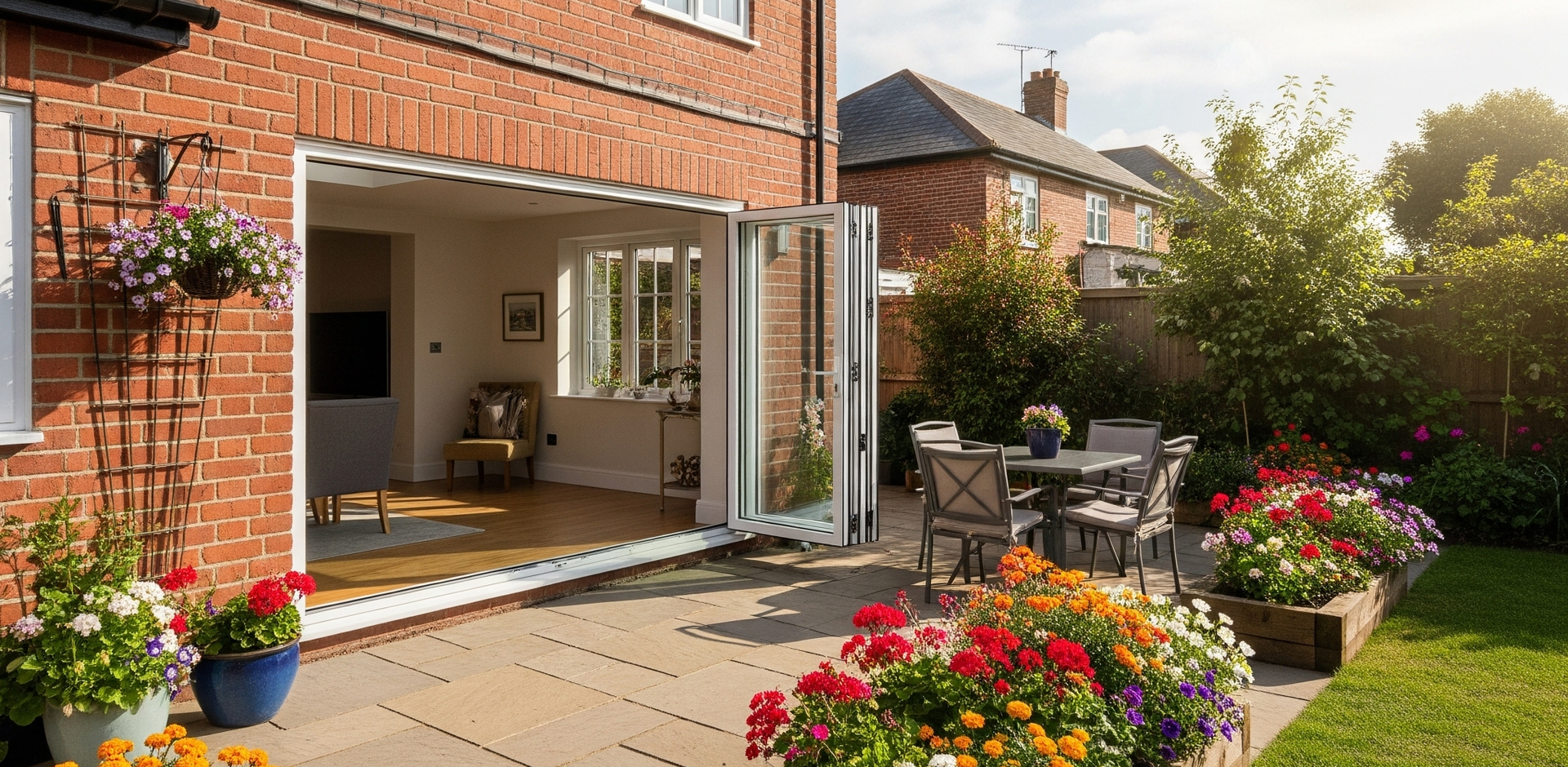 Open folding doors lead from a brick house to a patio with flowers and a table set for dining.
