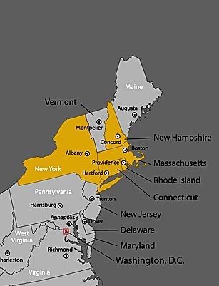Map of New England with yellow-highlighted commuting/route area around Vermont, New Hampshire, and Massachusetts.
