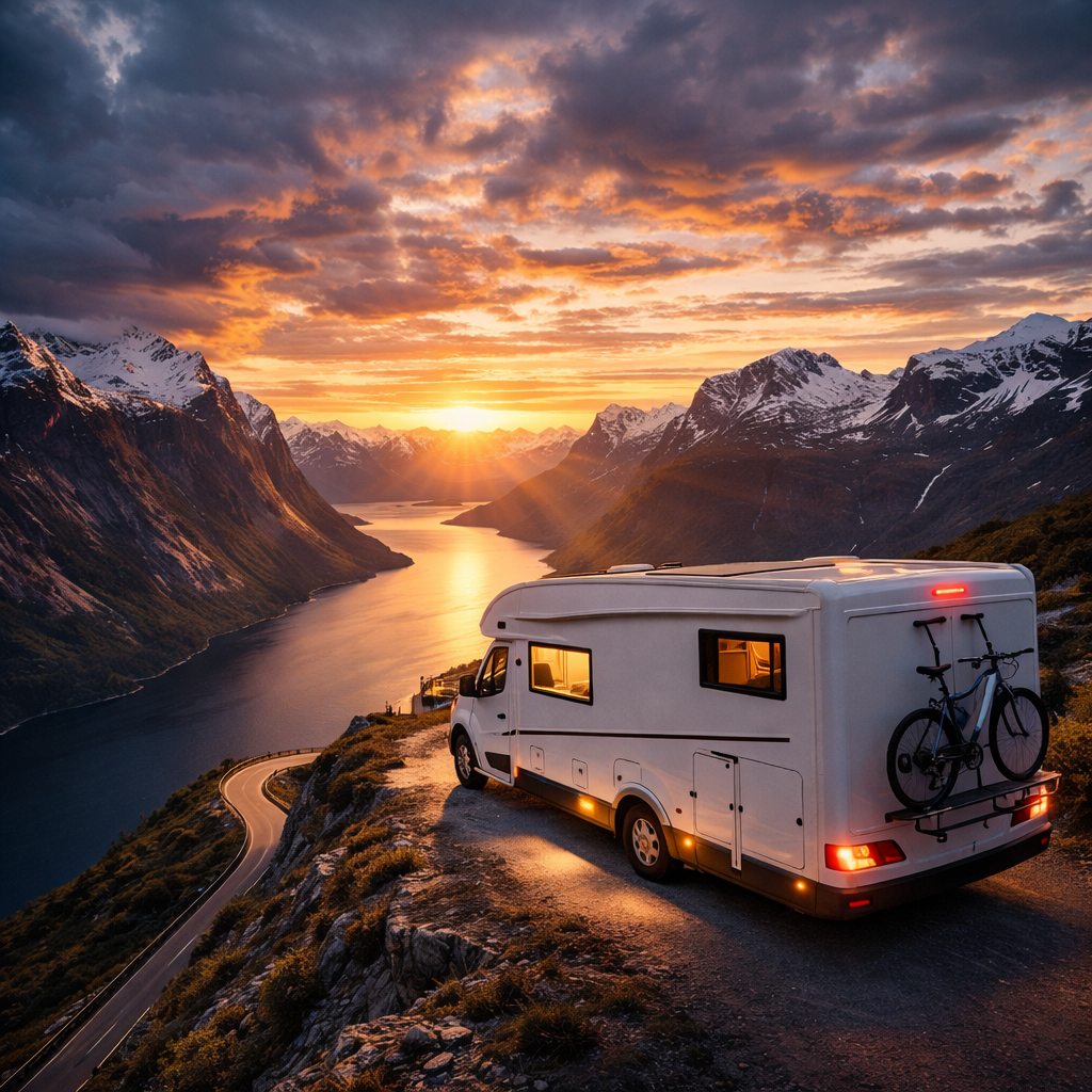 Wohnmobil in einer Berglandschaft bei Sonnenuntergang