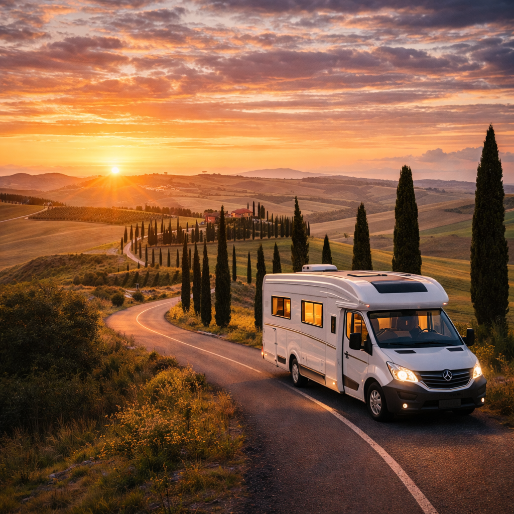 Wohnmobil in der Toskana bei Sonnenuntergang