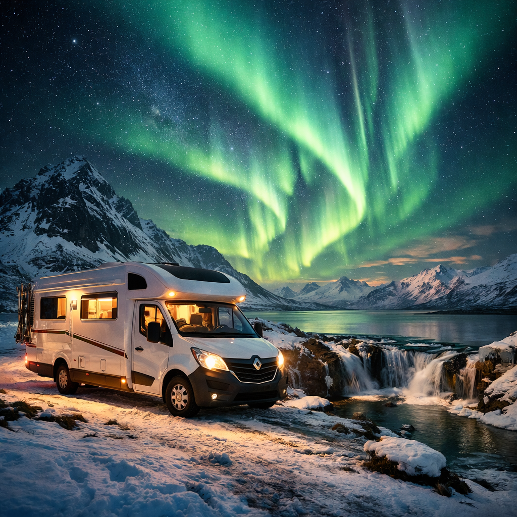 Wohnmobil unter leuchtenden Polarlichtern in einer verschneiten Berglandschaft