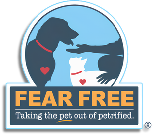 Fear Free logo with dog, cat, and hand reaching out, plus the text “Taking the pet out of petrified.”