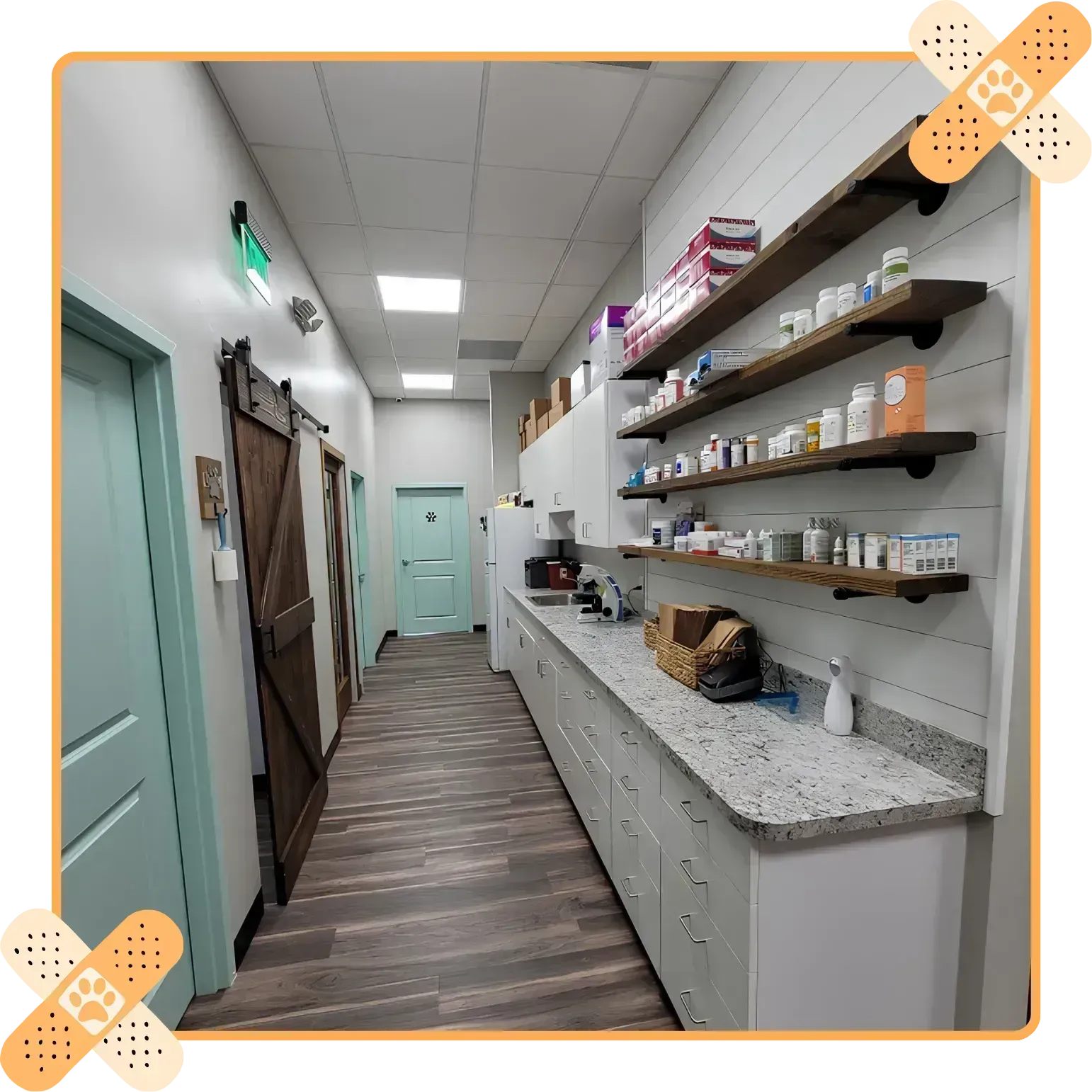 Narrow salon hallway with shelves of products, granite counter, teal doors, and wood-look flooring.
