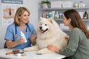 Veterinarian consulting with a woman and a fluffy white dog in a bright exam room