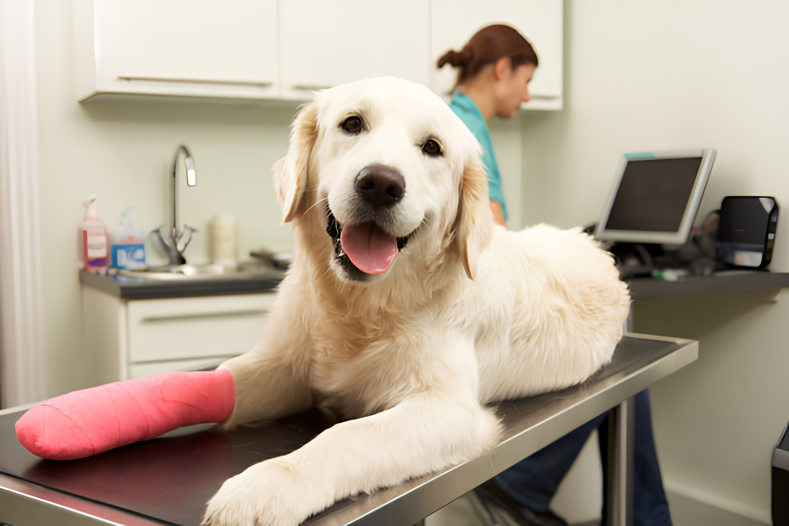 Golden retriever with pink bandage on paw at a veterinary exam table, vet in background