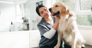 Person smiling and petting a golden retriever in a bright white room