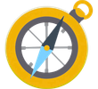 Yellow compass with a dark gray rim and blue needle on a white background