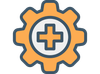 Orange gear with a plus sign inside a gray circle on a white background