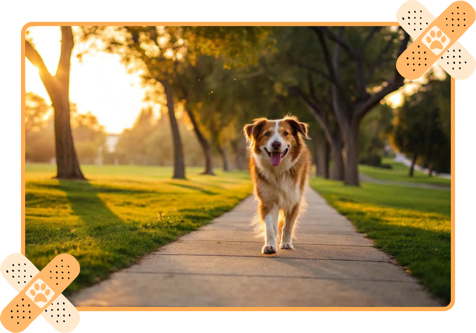 Brown dog wearing round sunglasses, panting outdoors in bright sunlight