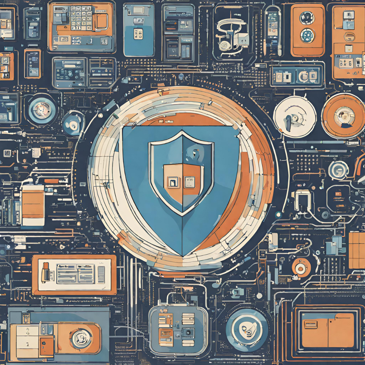 Icona a forma di scudo all'interno di un circuito stampato, che illustra il concetto di sicurezza informatica con elementi blu e arancioni.
