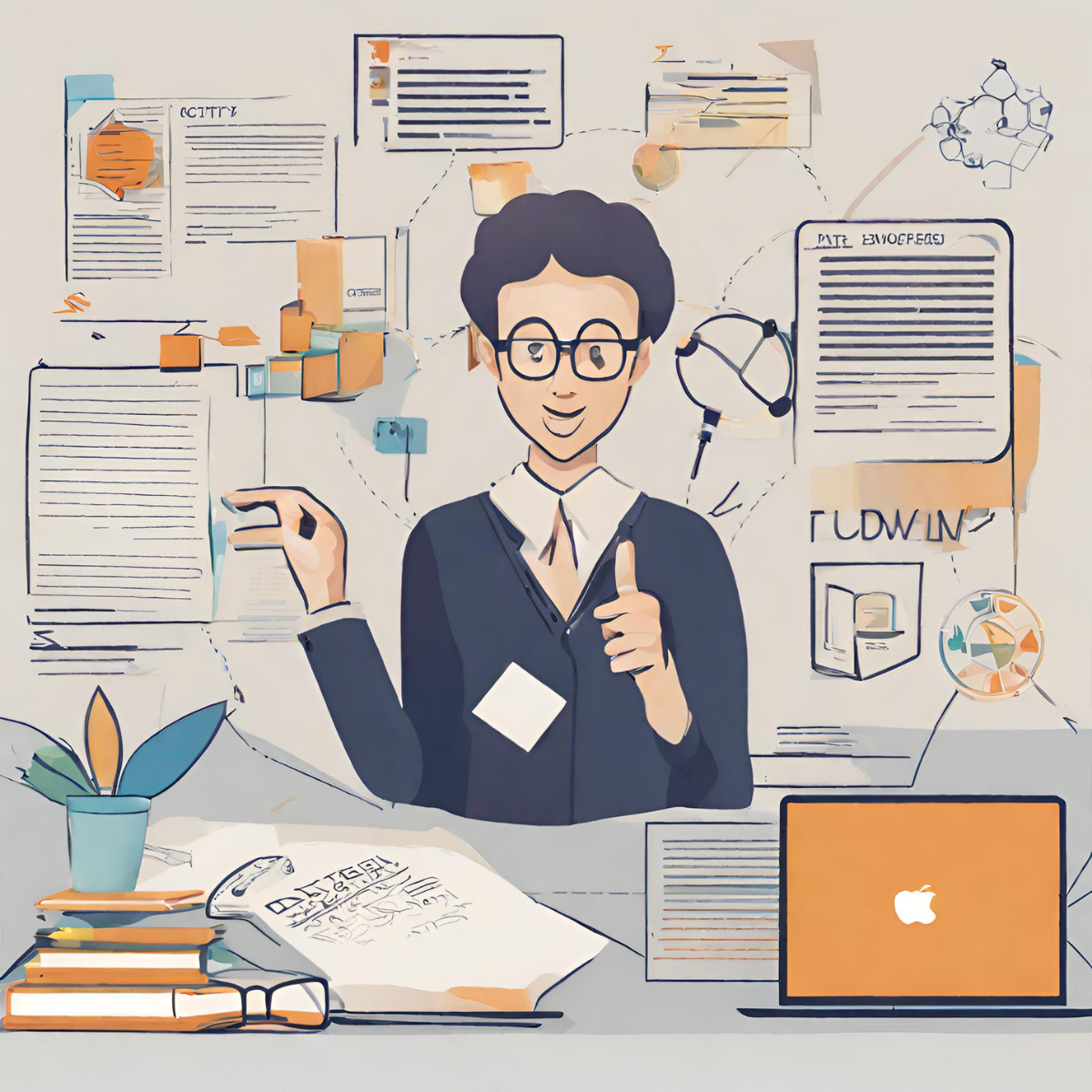 Una persona con gli occhiali che fa il gesto del pollice in su, circondata da documenti, diagrammi e un computer portatile.