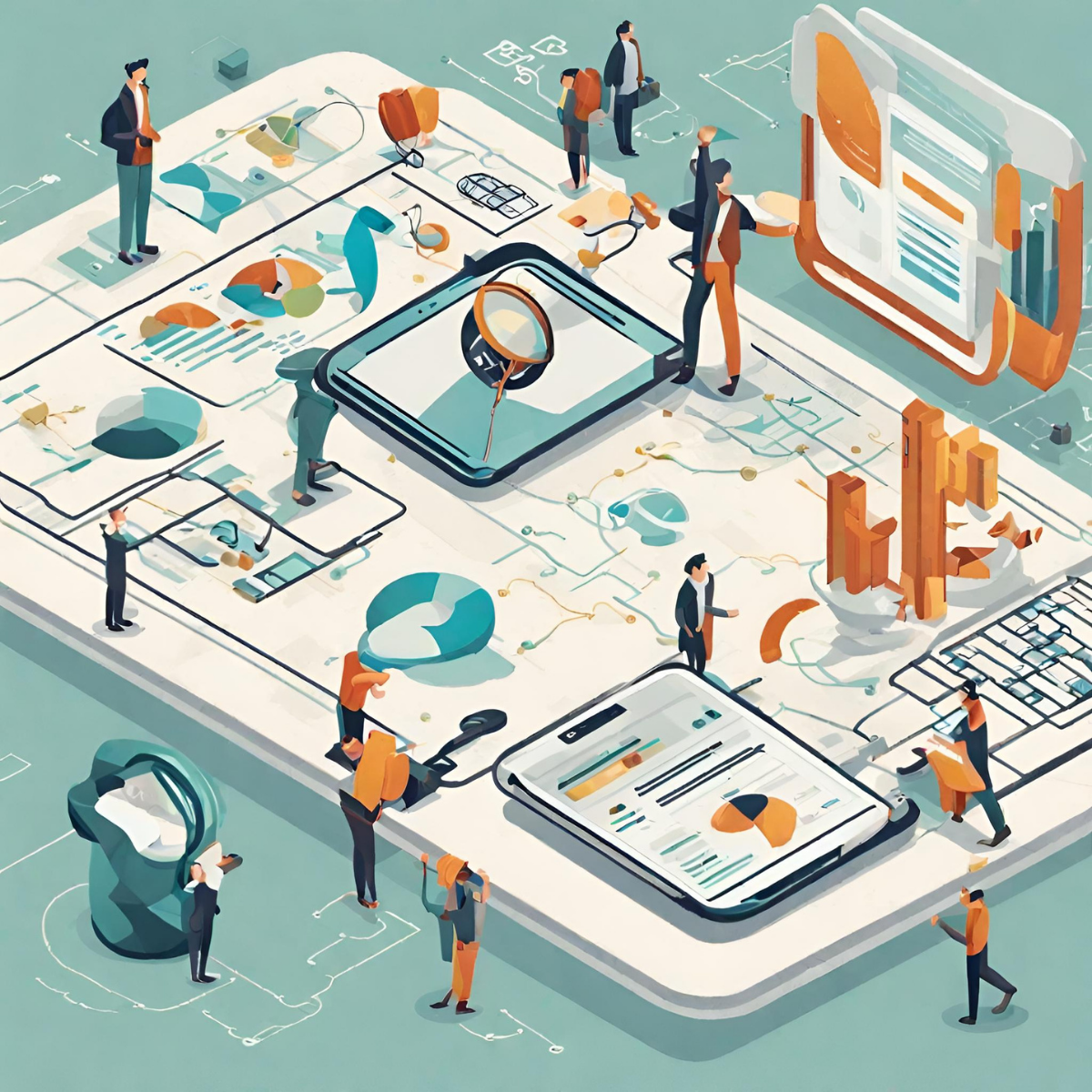 Persone che interagiscono con visualizzazioni di dati e dispositivi digitali su un grande tablet, probabilmente per analisi aziendali.