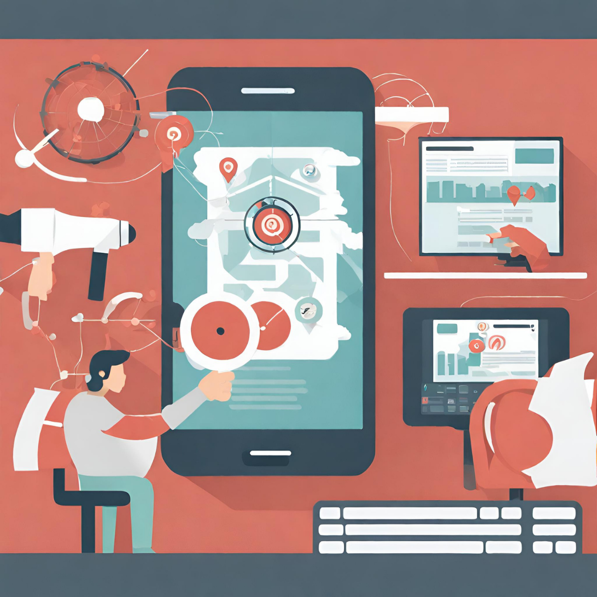 Persona che lavora all'interfaccia di un'app per smartphone con elementi di design interconnessi e analisi dei dati sugli schermi.