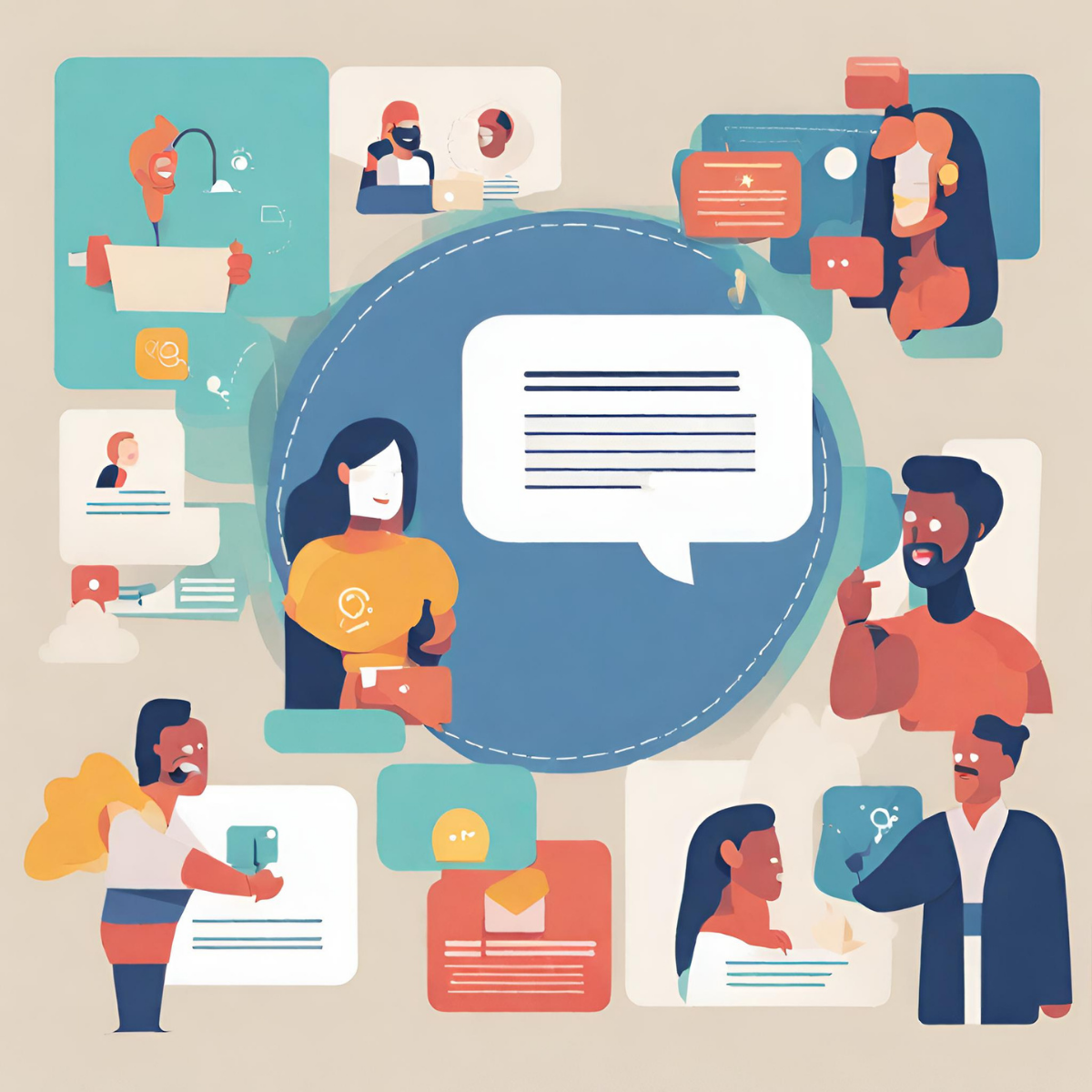 Persone in bolle di conversazione attorno a una bolla di chat centrale; tema della comunicazione digitale.
