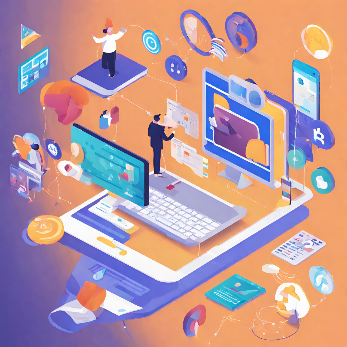 Grafica isometrica di una persona che interagisce con un computer, con visualizzazioni di dati e icone. Toni arancioni e blu.