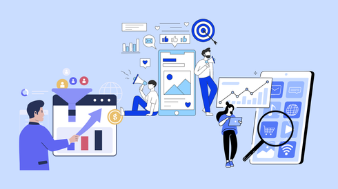 Illustrazione di marketing e analisi dei dati con persone che utilizzano dispositivi digitali e grafici.