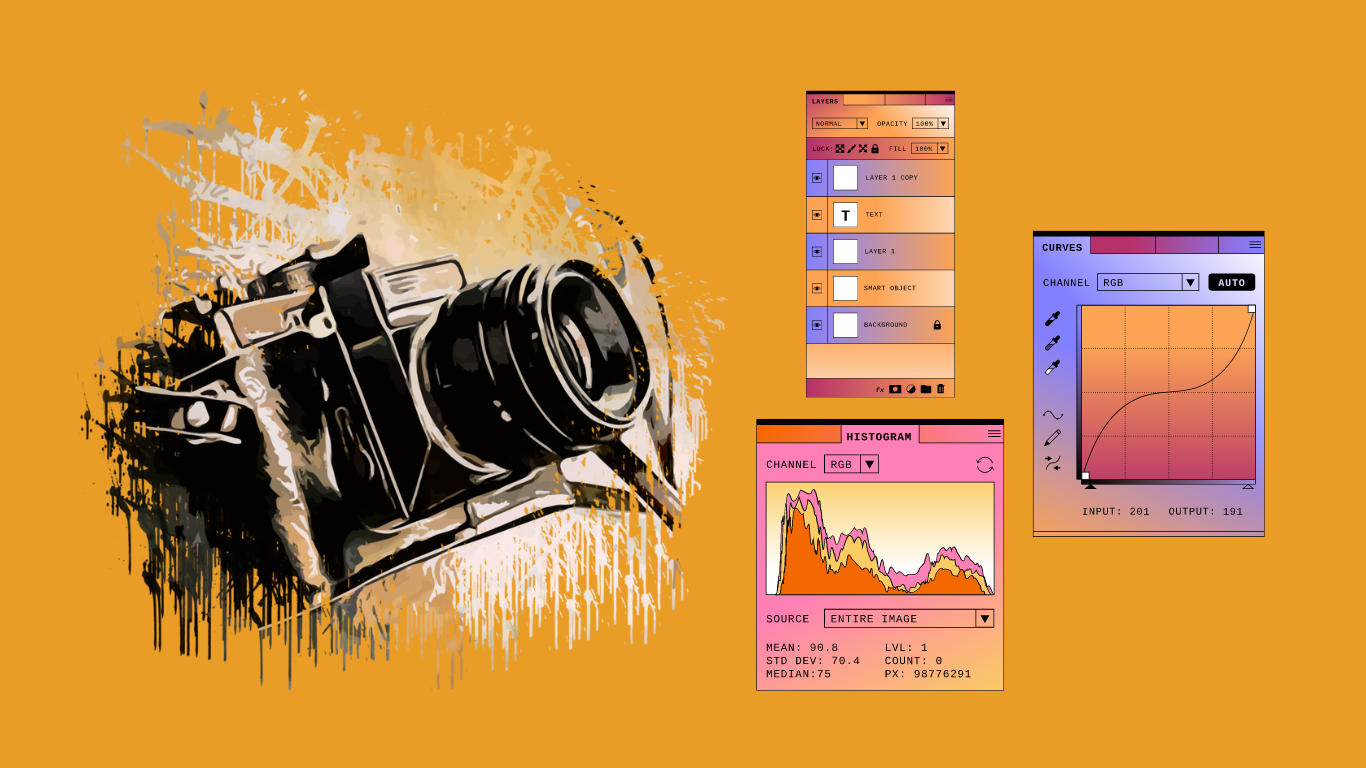 Grafica della fotocamera con elementi dell'interfaccia del software di editing su sfondo arancione.