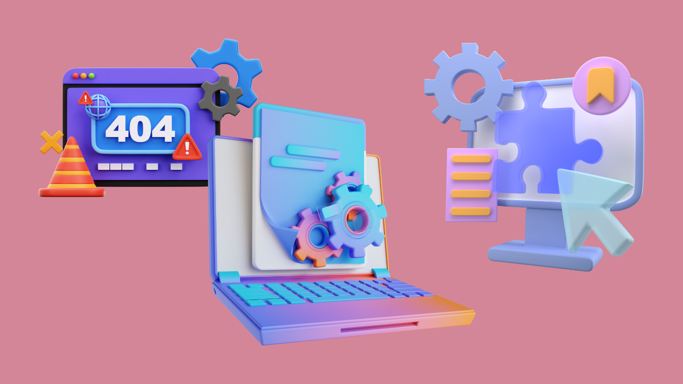 Computer portatile e computer con ingranaggi, schermata di errore e pezzi di puzzle, su sfondo rosa.