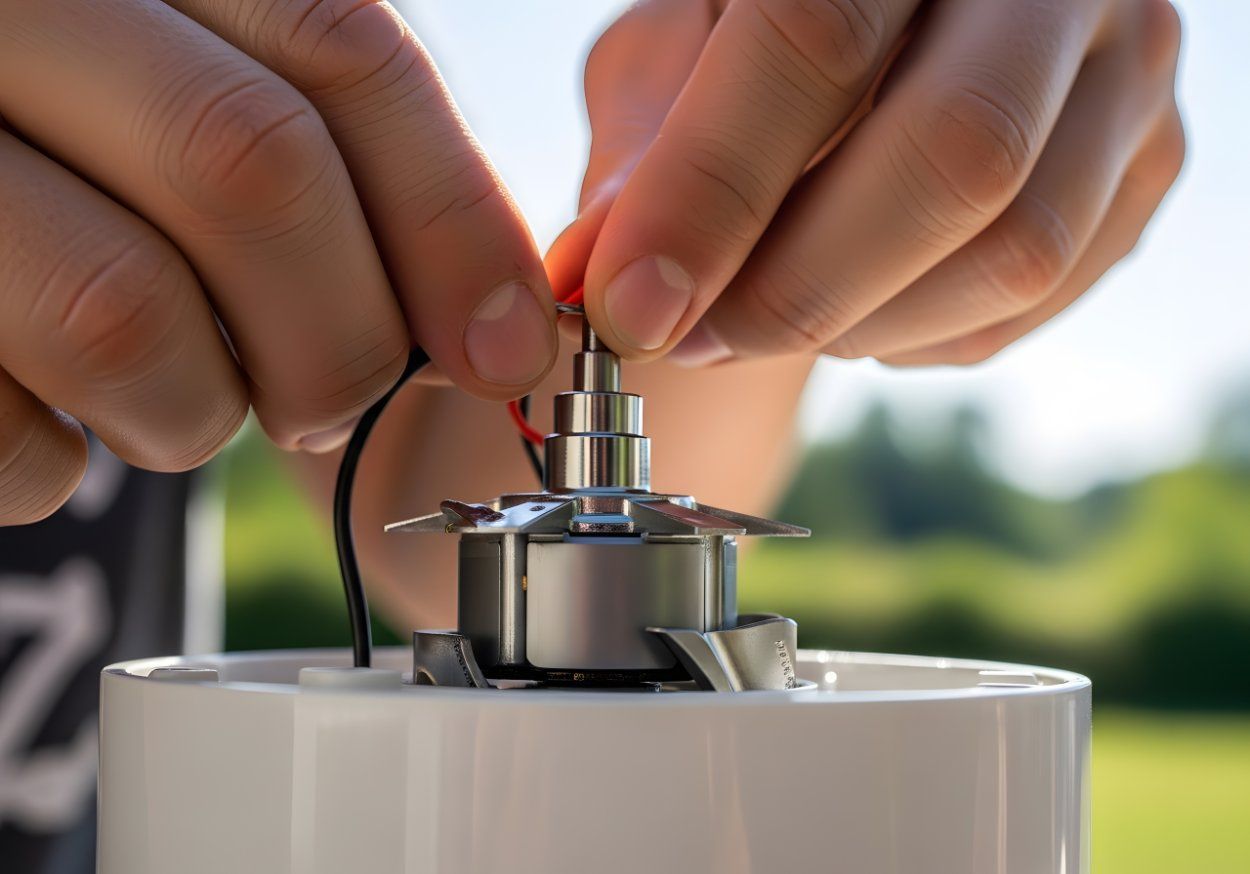Hands hold a small electronic motor component above a white base in an outdoor setting.
