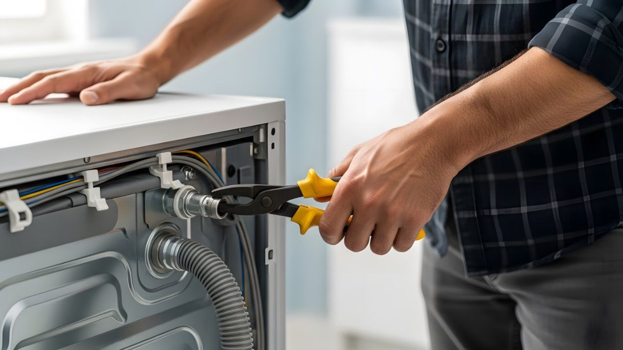 a person repairing the back of a washing machine
