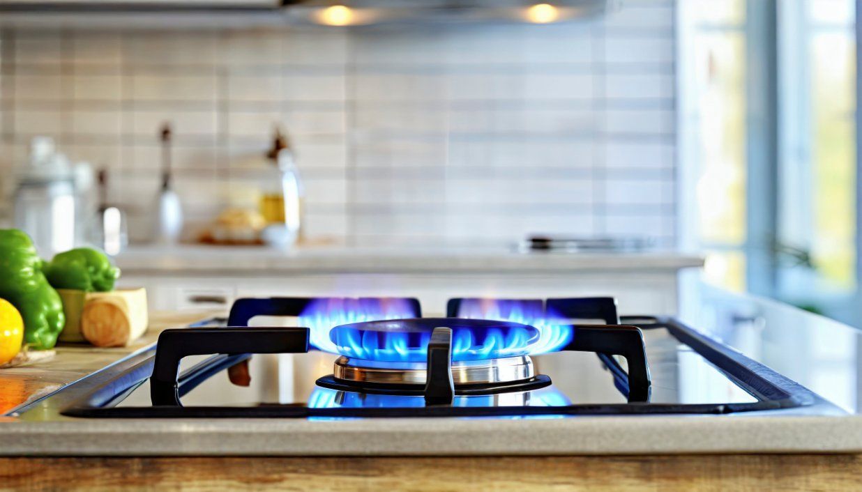 A gas stove burner glows with a bright blue flame in a clean, modern kitchen with white tiled walls.